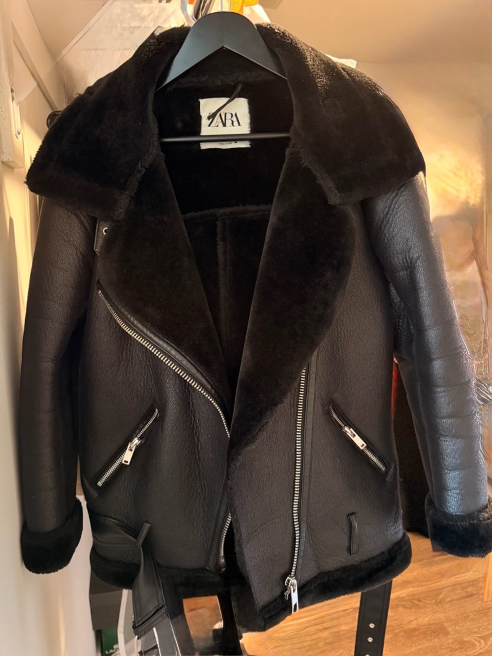 Zara Black Faux Shearling Moto Coat